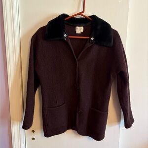 Vintage Women's Dark Brown Wool Jacket with Black Faux Fur Collar